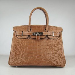 Hermes Birkin 30Cm Crocodile Stripe Handbags Light Coffee Silver